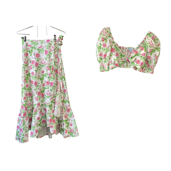 Hill House Size Small Isabella Smocked Crop Top Midi Floral Skirt Prairie Vacay - Picture 2 of 11